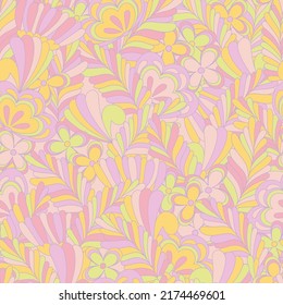 Pastel Candy Hippie Seamless Pattern. Vector Nostalgic Retro 60s Groovy Print. Vintage Floral Background. Textile And Surface Design With Old Fashioned Hand Drawn Naive Geometric Flowers