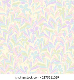 Pastel Candy Hippie Seamless Pattern. Vector Nostalgic Retro 60s Groovy Print. Vintage Floral Background. Textile And Surface Design With Old Fashioned Hand Drawn Naive Geometric Flowers