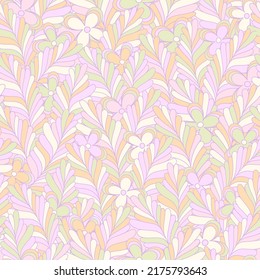 Pastel Candy Hippie Seamless Pattern. Vector Nostalgic Retro 60s Groovy Print. Vintage Floral Background. Textile And Surface Design With Old Fashioned Hand Drawn Naive Geometric Flowers