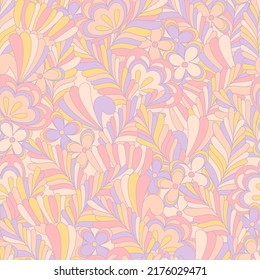 Pastel Candy Hippie Seamless Pattern. Vector Nostalgic Retro 60s Groovy Print. Vintage Floral Background. Textile And Surface Design With Old Fashioned Hand Drawn Naive Geometric Flowers