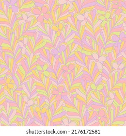 Pastel Candy Hippie Seamless Pattern. Vector Nostalgic Retro 60s Groovy Print. Vintage Floral Background. Textile And Surface Design With Old Fashioned Hand Drawn Naive Geometric Flowers