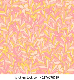 Pastel Candy Hippie Seamless Pattern. Vector Nostalgic Retro 60s Groovy Print. Vintage Floral Background. Textile And Surface Design With Old Fashioned Hand Drawn Naive Geometric Flowers