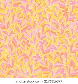 Pastel Candy Hippie Seamless Pattern. Vector Nostalgic Retro 60s Groovy Print. Vintage Floral Background. Textile And Surface Design With Old Fashioned Hand Drawn Naive Geometric Flowers