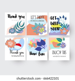 Pastel card set template with abstract elements including flowers leaves and color patches