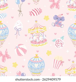 Pastel Carnival Seamless Pattern, Cute Carousel and Circus Animal, Kawaii Hot Air Balloon, Pink Popcorn, Baby Shower Digital Paper