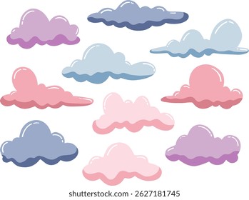 Pastel Cartoon Clouds Collection – Cute Colorful Cloud Vector Set-A set of pastel-colored cartoon-style clouds in soft pink, blue, and purple tones.