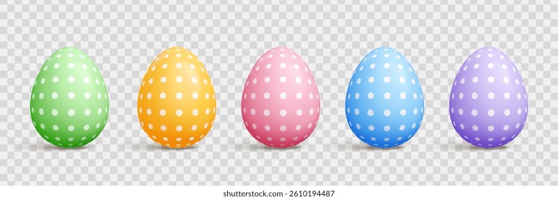 Pastel cartoon Easter egg 3d vector set - oval shapes with solid color, polka dots, strips and diagonal lines patterns, shadow on transparent background for seasonal spring holidays design.