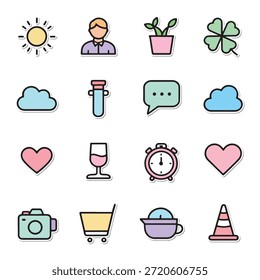 Pastel Cartoon Icon Grid Featuring Everyday and Symbolic Objects