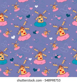 pastel cartoon seamless background. seamless romantic background vector for girls. windmills in the pink clouds with hearts. For girls.texture for textile, paper, packaging gift.