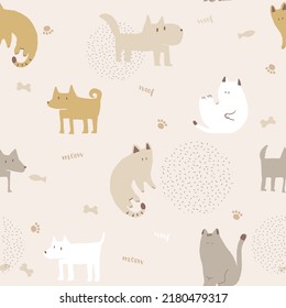 Pastel Cat and Dog Seamless Pattern, Beige Color for Baby