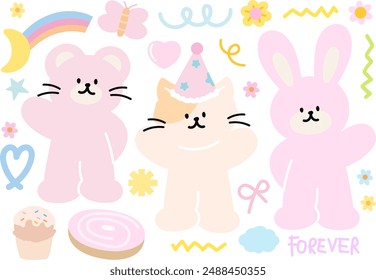 Pastel cat, teddy bear, bunny, heart, flower, cupcake, donut, butterfly, rainbow for animal sticker, vet, brooch, cute patches, cartoon character, mascot, plush toy, doll, sweet dessert, pet snack