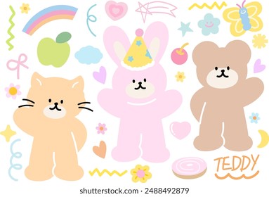 Gato pastel, osito de peluche, conejito, corazón, flor, mariposa, donut, manzana, cereza, arco iris para animal sticker, veterinario, broche, parches lindos, personaje de dibujos animados, mascota, juguete de peluche, muñeca, postre dulce, fruta