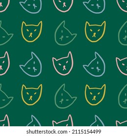 Pastel cats faces seamless pattern wild animal childish cartoon groovy boho illustration naive funky handdrawn style art vector