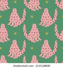 Pastel Cats Seamless Pattern Wild Animal Childish Cartoon Groovy Boho Illustration Naive Funky Handdrawn Style Art Vector