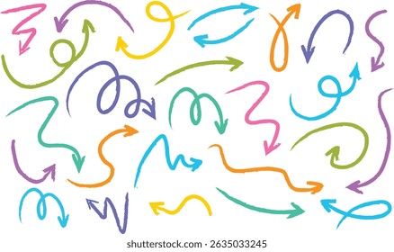 Pastel krijt pijl doodle set met hand getrokken wervelingen, pointers, rondingen. Artistieke krijtstreken, schetsmatige potloodkrabbels, markeerlijnen. Kleurrijke grunge stijl ontwerp UI elementen voor creatieve projecten.