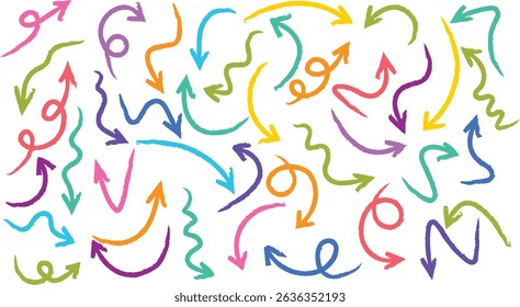 Pastel chalk arrow doodle set with hand drawn swirls, pointers, curves. Artistic crayon strokes, sketchy pencil scribbles, marker lines. Colorful grunge style design UI elements for creative projects.