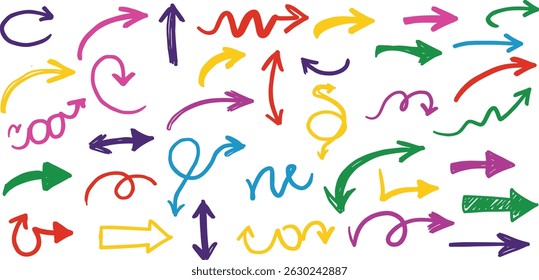 Pastel chalk arrow doodles set - hand drawn swirls, pointers, curved lines. Artistic colored pencil sketches, chaotic crayon strokes design elements pack.