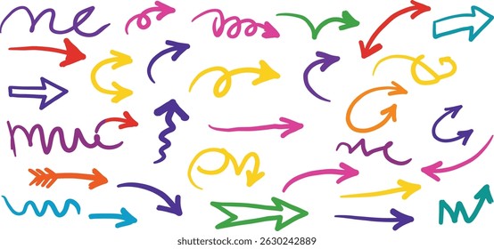 Pastel chalk arrow doodles set - hand drawn swirls, pointers, curved lines. Artistic colored pencil sketches, chaotic crayon strokes design elements pack.