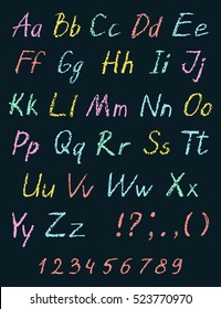 Pastel chalk child's drawing alphabet on black board. Crayon hand drawn font. ABC drawing letters. Kids drawing colorful alphabet. Vector.