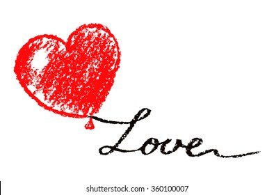 Pastel chalk crayon heart with love. Hand drawing illustration with red heart on white. Vector valentine`s day`s design element.