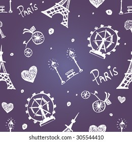  Pastel chalk drawn seamless pattern with Paris objects. Cities theme. Romantic design.