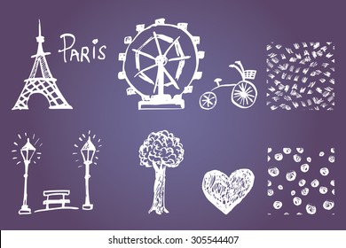   Pastel chalk drawn set of Paris objects with two hand-drawn textures. Cities theme. Romantic design.