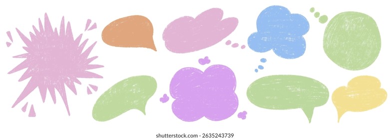 Pastel chalk textured speech bubbles set. Different blank chat empty dialog balloon. Comic cloud bubble shapes. Hand drawn grunge pencil doodle conversation message icon. Vector illustration isolated