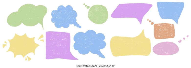 Pastel chalk textured speech bubbles set. Different blank chat empty dialog balloon. Comic cloud bubble shapes. Hand drawn grunge pencil doodle conversation message icon. Vector illustration isolated