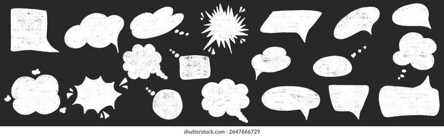 Pastel chalk textured speech bubbles set. Different blank chat empty dialog balloon. Comic cloud bubble shapes. Hand drawn grunge pencil doodle conversation message icon. Vector illustration isolated