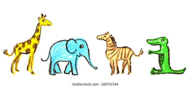 Pastel chalks drawing of animals. The giraffe, zebra, elephant and crocodile. Childish vector set illustration