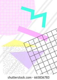 Pastel chaotic shapes and grid on a white background. Trendy vintage 1980s memphis style. Universal print for poster, banner, flyer. Kitsch vintage, aesthetic. Vector EPS 8