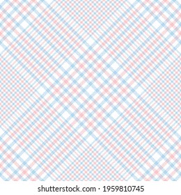 Pastel check pattern glen in blue, pink, white. Seamless light subtle soft tweed pixel tartan plaid graphic for jacket, coat, skirt, dress, tablecloth, other spring summer fashion textile print.