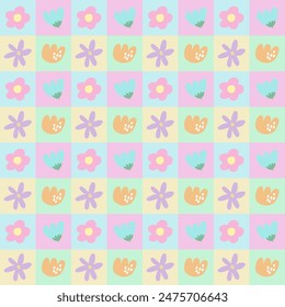Pastel checkerboard seamless pattern with flowers