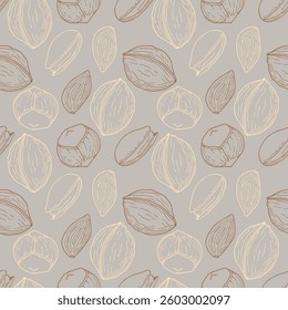 Pastel chic pattern with walnut, hazelnut, pistachio and almond. Noble colors. Contour graphics. Packaging, wallpaper, wrapper, background.