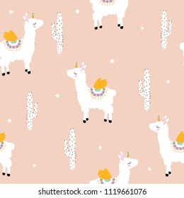 Pastel childish seamless pattern with white alpaca unicorn and cacti. Vector hand drawn illustration.