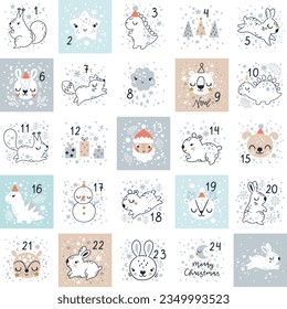 Pastel Christmas advent calendar with line art baby animals. Cute Santa Claus illustration, vector dinosaur and bear printable art.