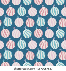 Pastel Christmas balls with stripes design. Seamless holiday vector pattern background for the winter season. 