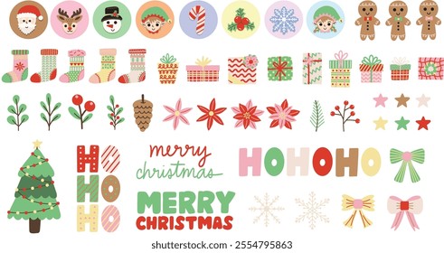 Pastel Christmas elements. Hand drawn vector illustrations of classic Christmas icons. Santa Claus, elves, reindeer, snowman and more, with decorative handwritten Christmas greetings.