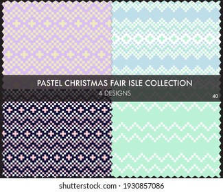 Pastel Christmas fair isle pattern collection includes 4 design swatches for fashion textiles, knitwear and graphics