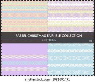 Pastel Christmas fair isle pattern collection includes 4 design swatches for fashion textiles, knitwear and graphics