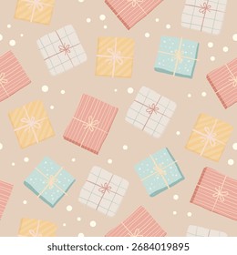 Pastel Christmas Gifts Vector Pattern with Snow on Beige Background