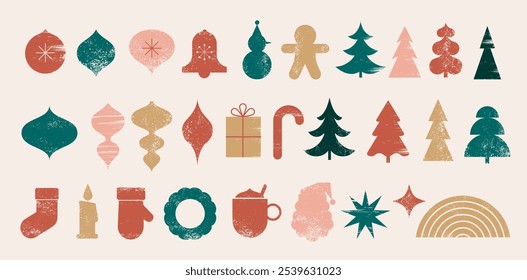 Pastel Christmas icons and abstract shapes collection. Set of geometric hand drawn elements, minimalist Christmas decorations, trees, gift boxes, Santa Claus and ornaments elements. Hand drawn modern