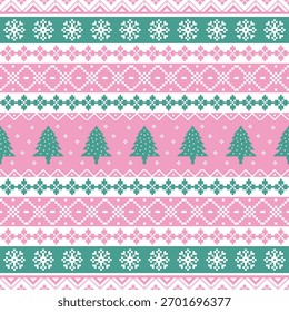 Patrón de punto de Navidades pastel con árboles, copos de nieve y puntadas geométricas en tonos rosa y menta. Diseño para tela festiva, envoltura y marca de temporada. Ilustración vectorial de punto estilo.