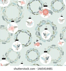 Pastel Christmas ornaments wreaths and balls pattern background. Retro festive holiday season seamless background. Vector