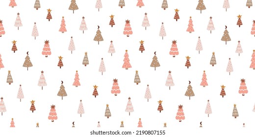 Pastel Christmas pattern. Pastel Christmas tree. Pink Christmas tree seamless pattern. Cute childish fir tree background. Vector winter forest. Pastel Christmas illustration. Pink winter background.