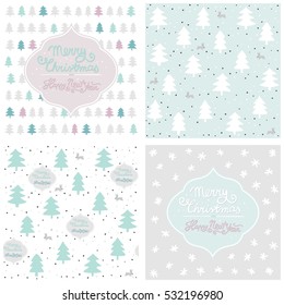 pastel Christmas seamless pattern set with snowflakes animals and trees with retro frames and wishes in English