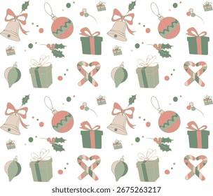 Pastellweihnachten nahtloses Vektormuster mit Geschenkboxen, Kugeln, holligen Zweigen, Glocken und Bonbons in sanften rosa und grünen festlichen Farben