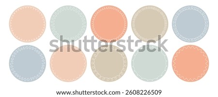 Pastel circle sticker set with doodle outlines. Round frames with scribble border. Ideal for planner, scrapbooking, stationery, social media, digital design, product packaging, label, gift tag