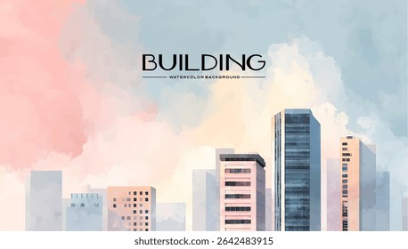 Pastel cityscape illustration of buildings against a watercolor sky.