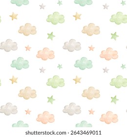 Pastel Cloud and Star Watercolor Pattern – Cute Seamless Sky Background for Nursery, Kids Design and Print